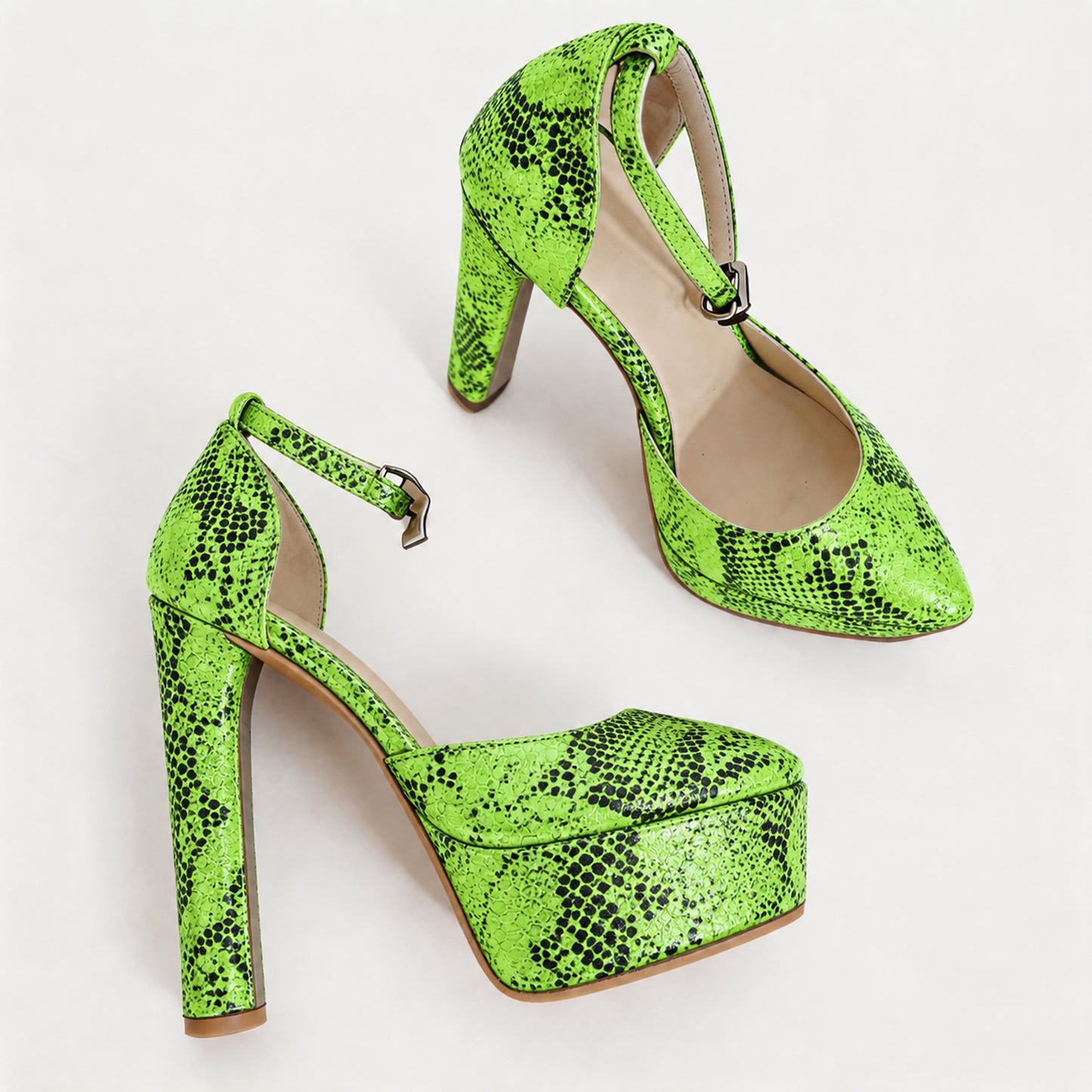 Handmade 5β-6β Snakeskin Print Ankle Strap Closed-Back Heels for Women
