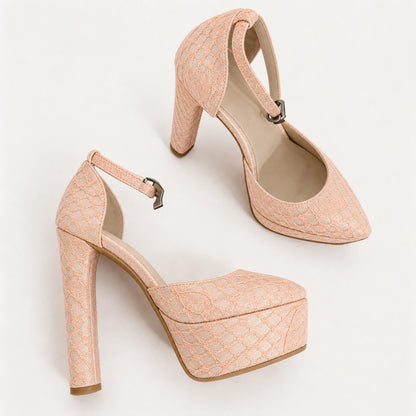 Handmade 5”-6” Lace Ankle Strap Closed-Back Heels for Women