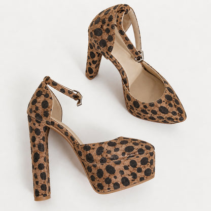 Handmade 5”-6” Leopard Print Ankle Strap Closed-Back Heels for Women