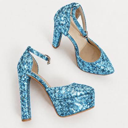 Handmade 5”-6” Sequin Ankle Strap Closed-Back Heels for Women