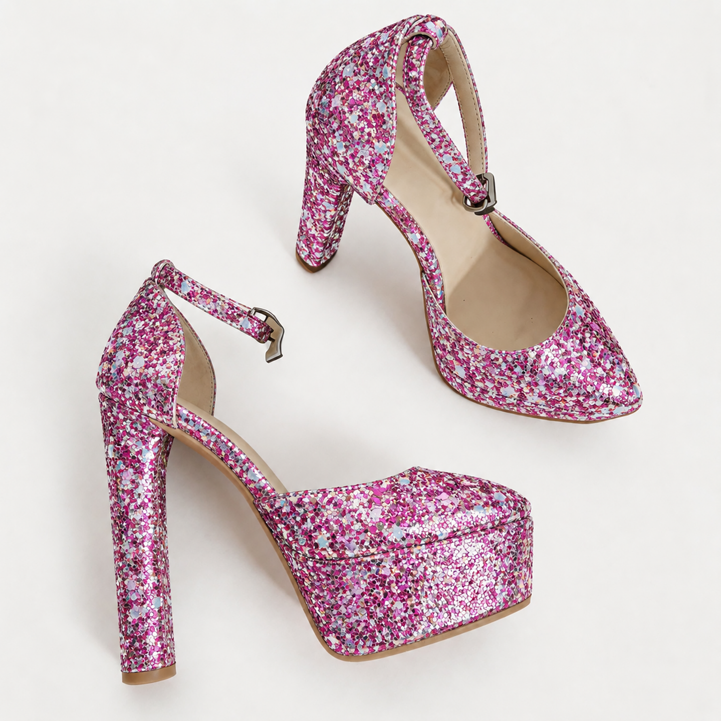 Handmade 5”-6” Sequin Ankle Strap Closed-Back Heels for Women