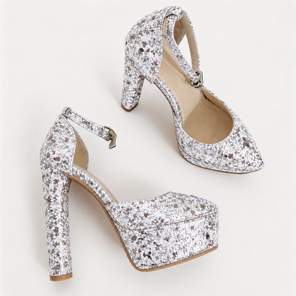 Handmade 5”-6” Sequin Ankle Strap Closed-Back Heels for Women