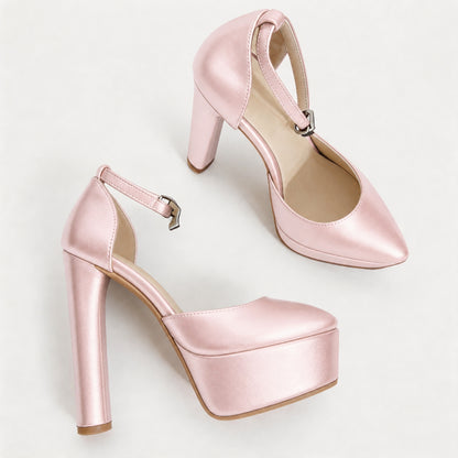 Handmade 5”-6” Satin Ankle Strap Closed-Back Heels for Women