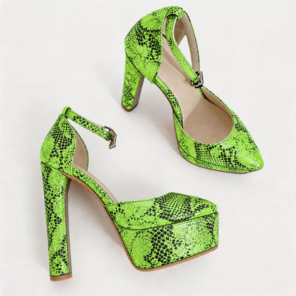 Handmade 5”-6” Snakeskin Print Ankle Strap Closed-Back Heels for Women