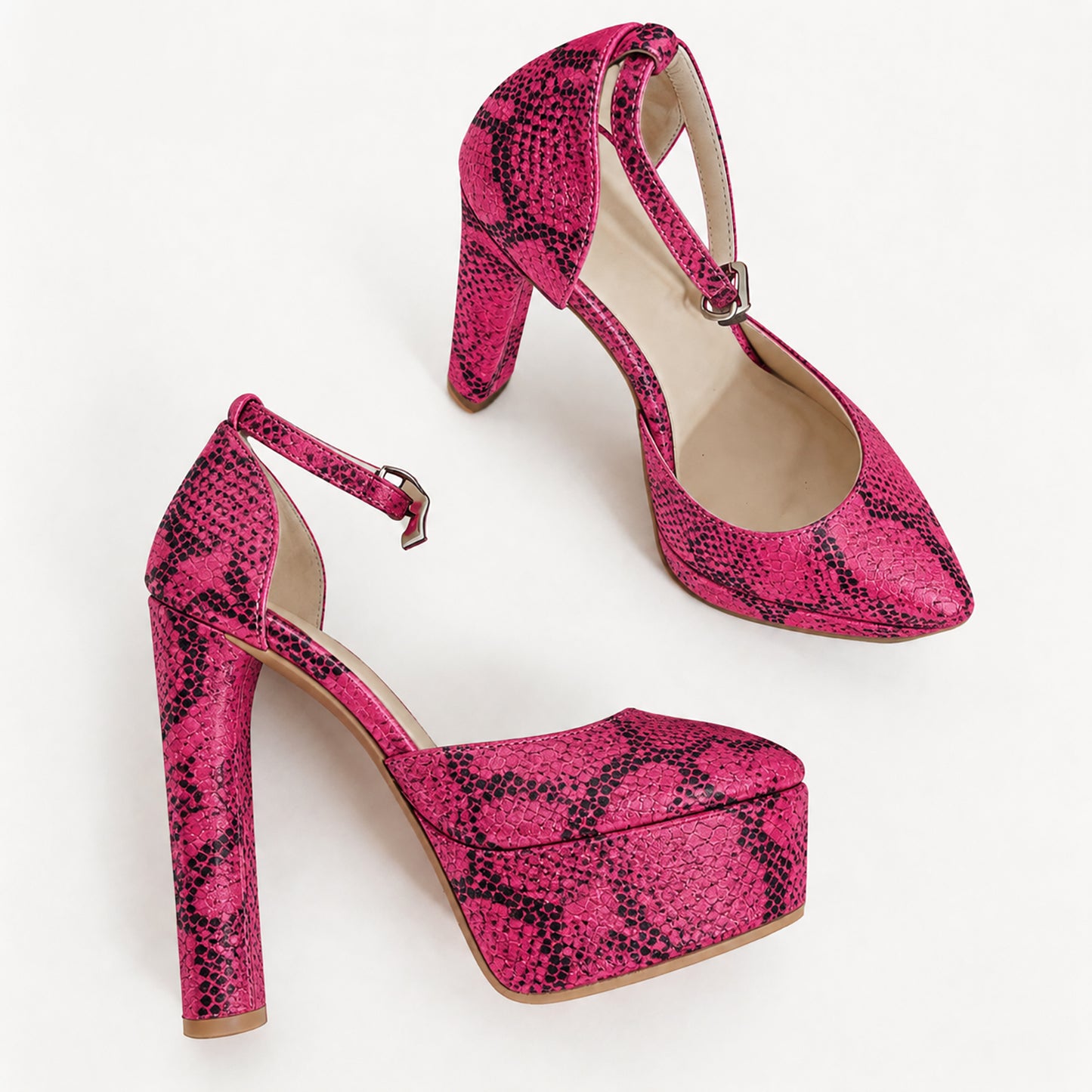 Handmade 5”-6” Snakeskin Print Ankle Strap Closed-Back Heels for Women