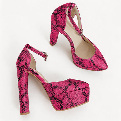Handmade 5”-6” Snakeskin Print Ankle Strap Closed-Back Heels for Women