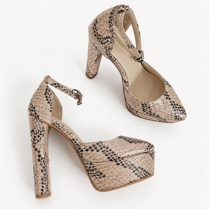 Handmade 5”-6” Snakeskin Print Ankle Strap Closed-Back Heels for Women