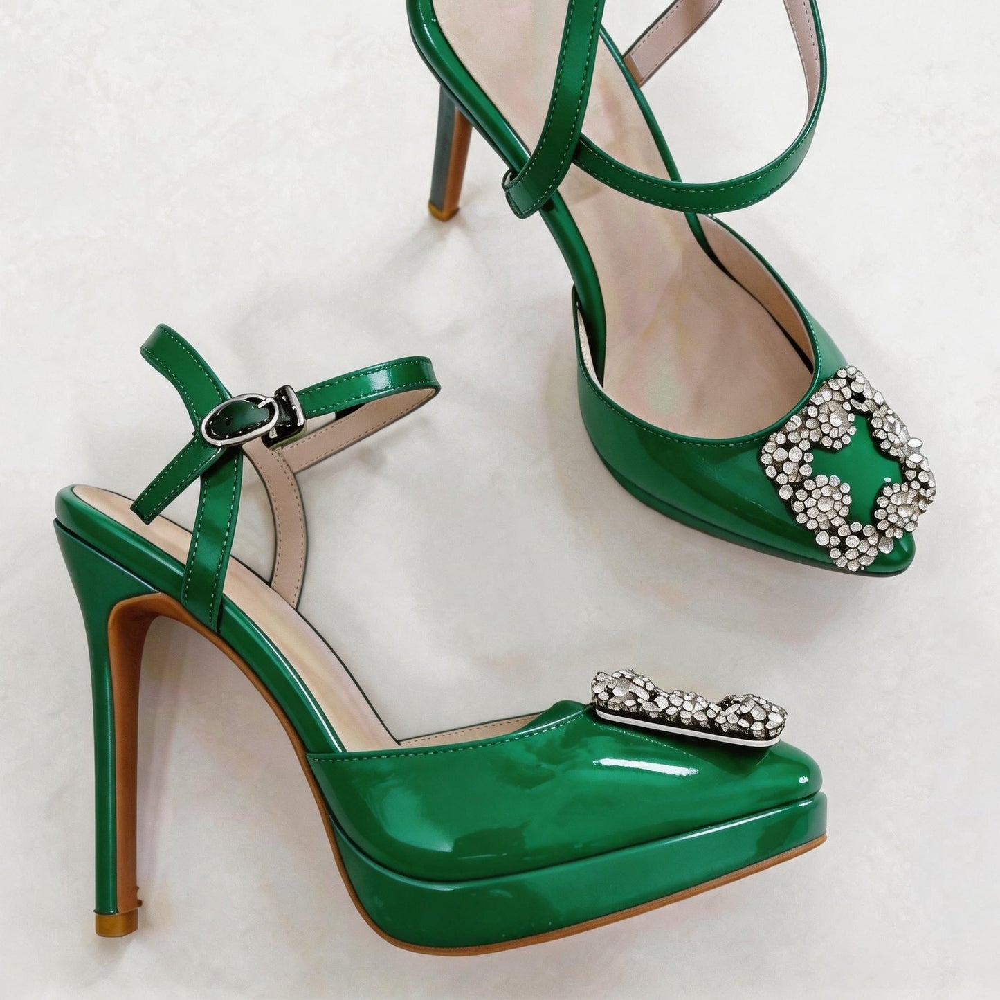 Handmade 5”-6” Rhinestone Buckle Slingback Platform Pumps for Women