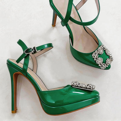 Handmade 5”-6” Rhinestone Buckle Slingback Platform Pumps for Women