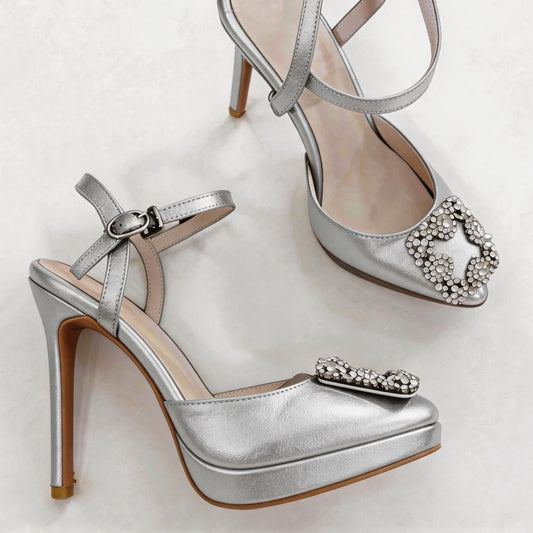 Handmade 5”-6” Rhinestone Buckle Slingback Platform Pumps for Women
