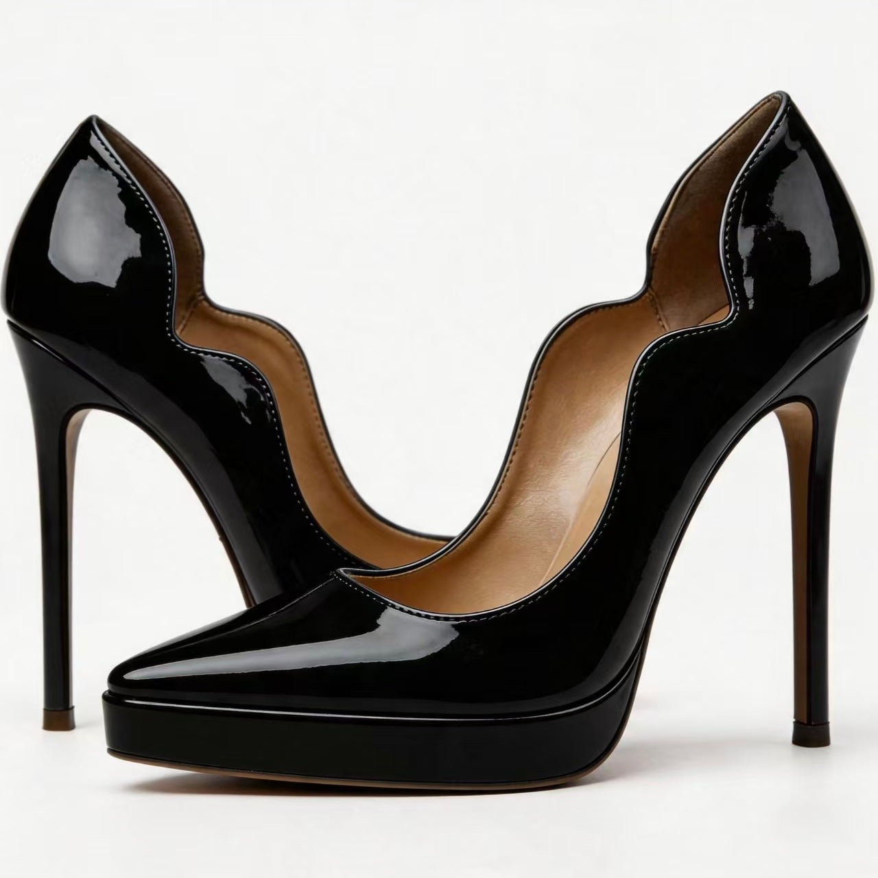 Handmade 5”-6” Patent Leather Scalloped Platform Pumps for Women