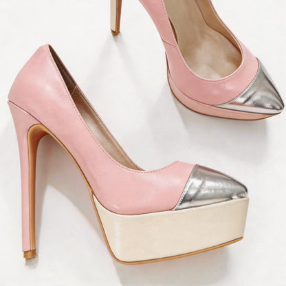 Handmade 5”-6” Patent Leather Colorblock Platform Stiletto Pumps for Women
