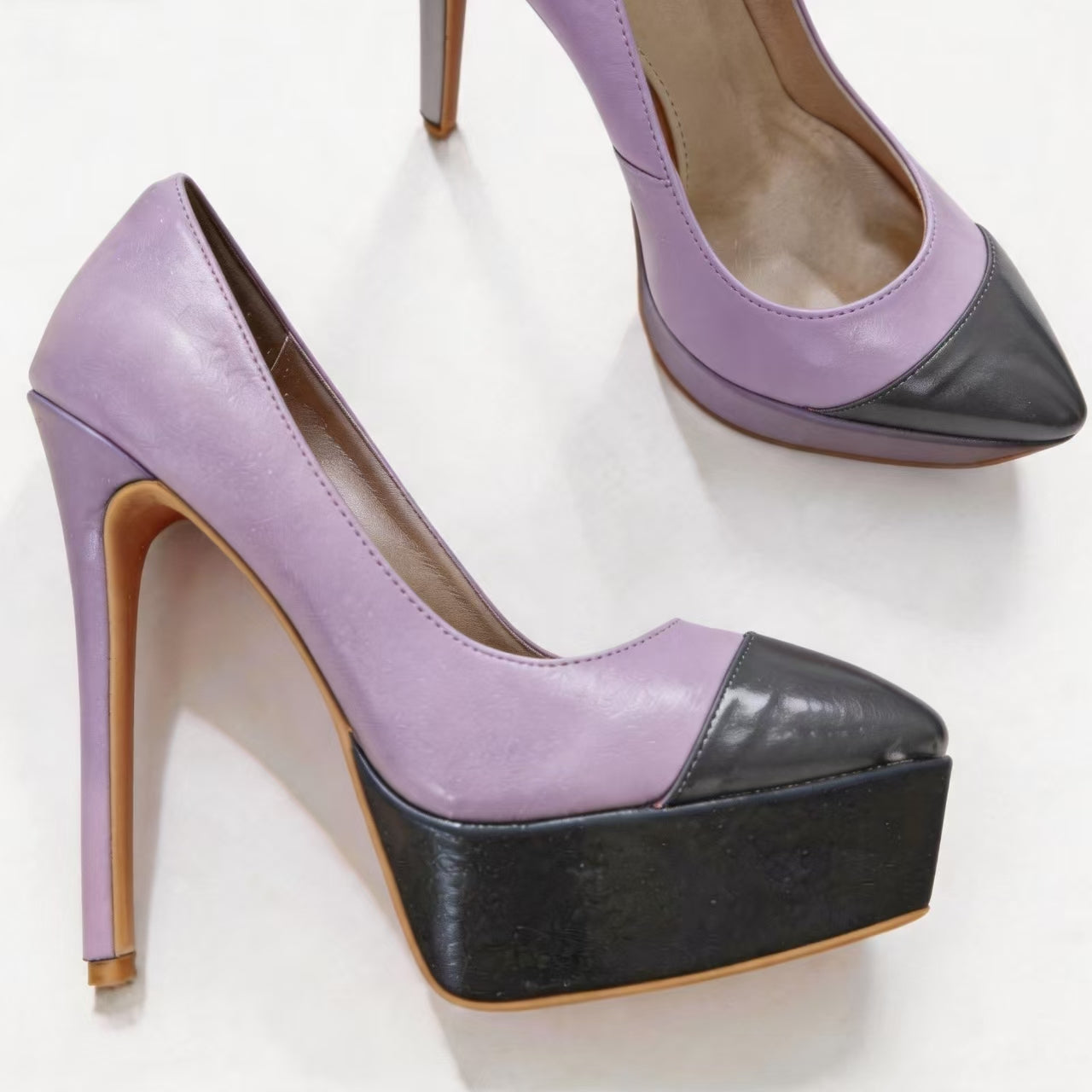 Handmade 5”-6” Patent Leather Colorblock Platform Stiletto Pumps for Women