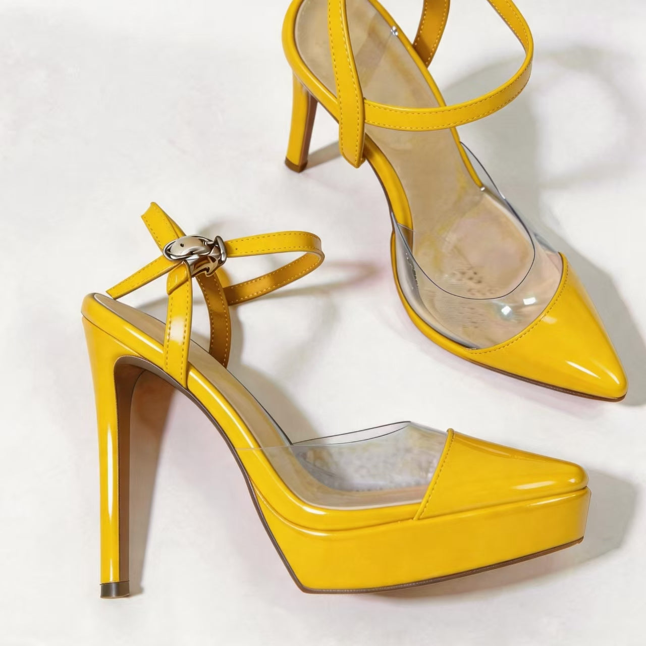 Handmade 5”-6” Patent Leather Platform Pumps with Clear Side Panels